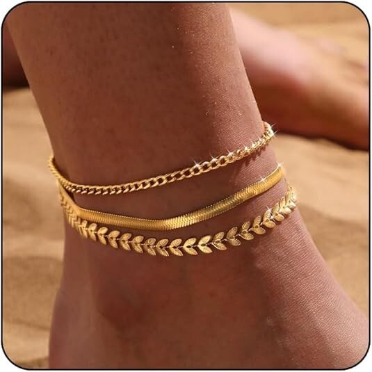 3 PCS Layered Anklets C-Gold Cuban Link Rhinestone Foot Chain Bracelets Jewelry