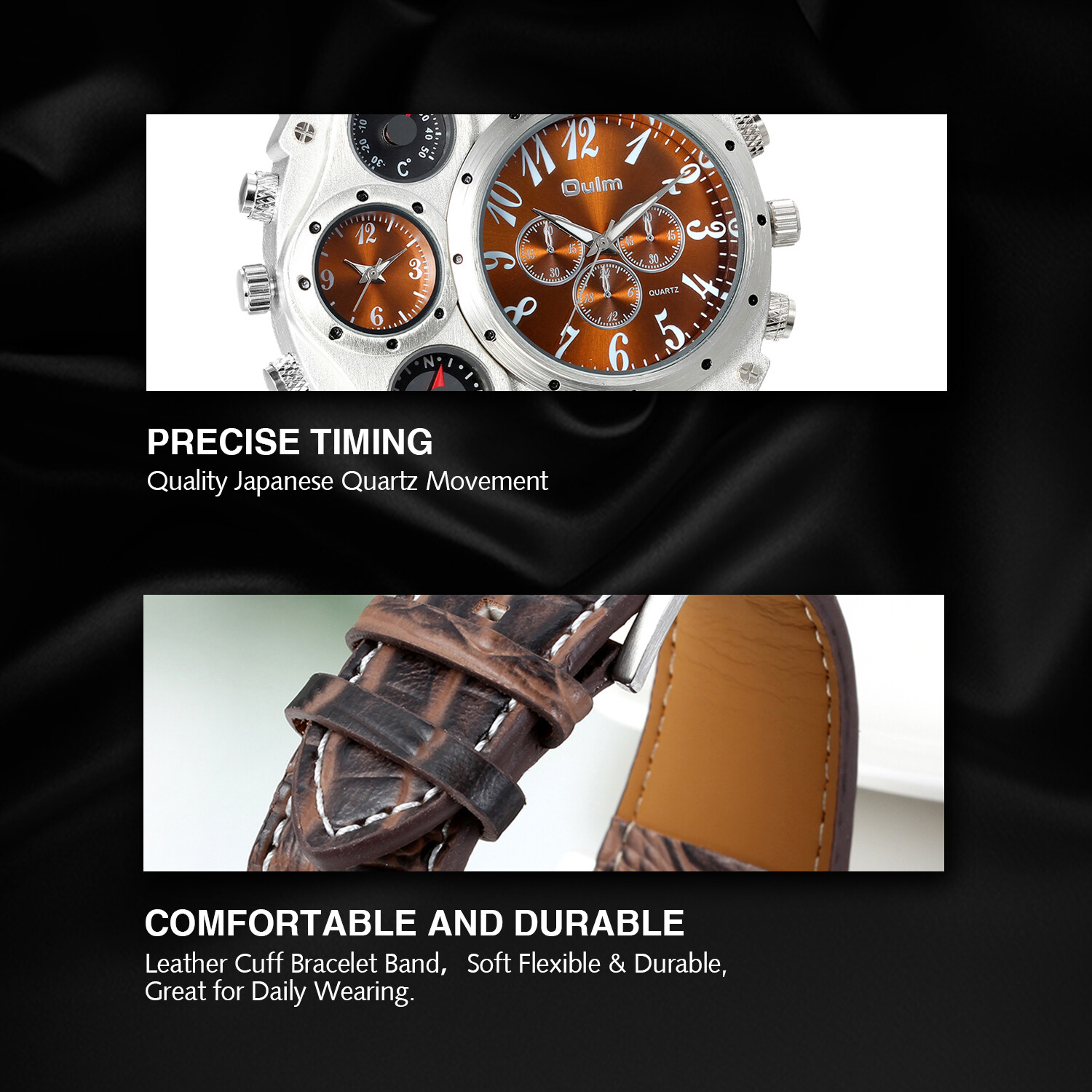 Men’s Sport Army Multi-functional 2 Time Zones Dial Leather Quartz Wrist Watch