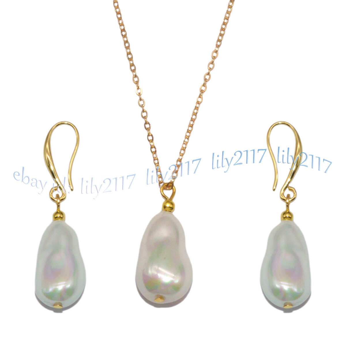 12x20mm White South Sea Baroque Shell Pearl Pendant Necklace Earrings Gold Chain