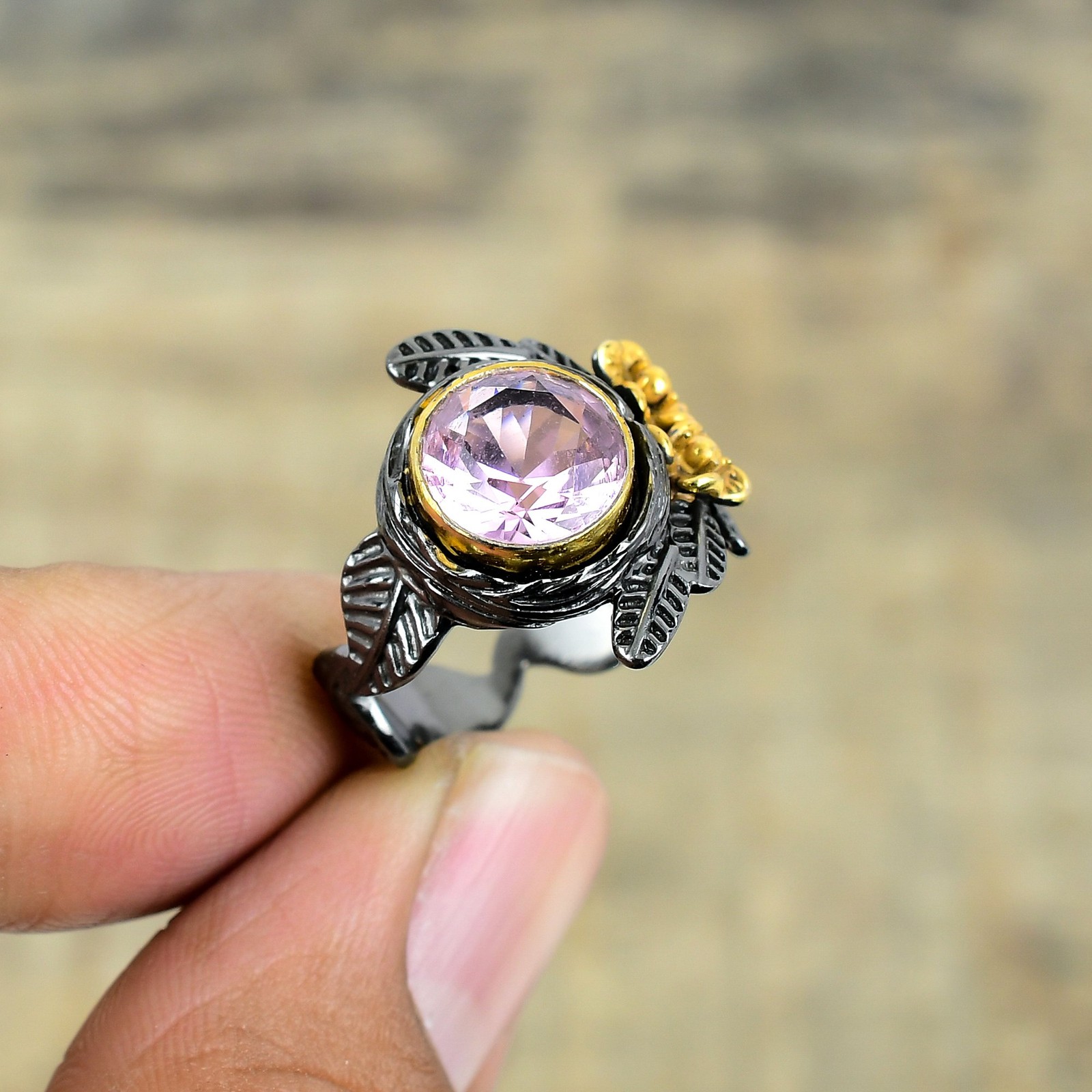 Pink Kunzite Black And Gold Plated 925 Sterling Silver Ring S.8 R8731
