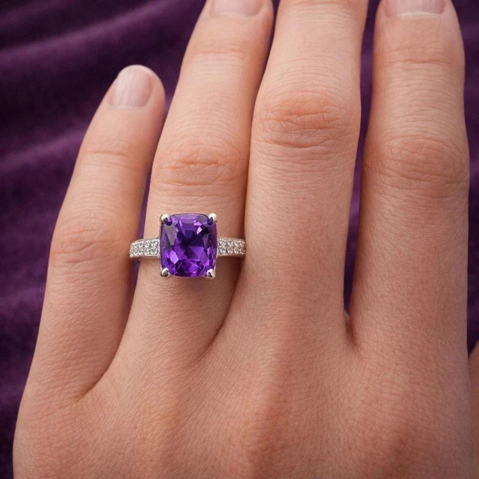 4.50 Ct Cushion Cut Natural Amethyst Diamond Wedding Ring 14K White Gold 6 7 8