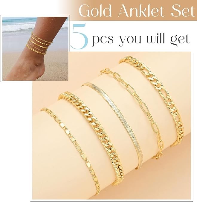 Gold Ankle Bracelets for Women, 14k Gold Plated Waterproof Cuban Link Chain Ankl