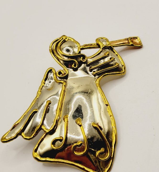 ANGEL Brooch Modernist Metal Three Tone Copper Silver Gold tone Vintage #F