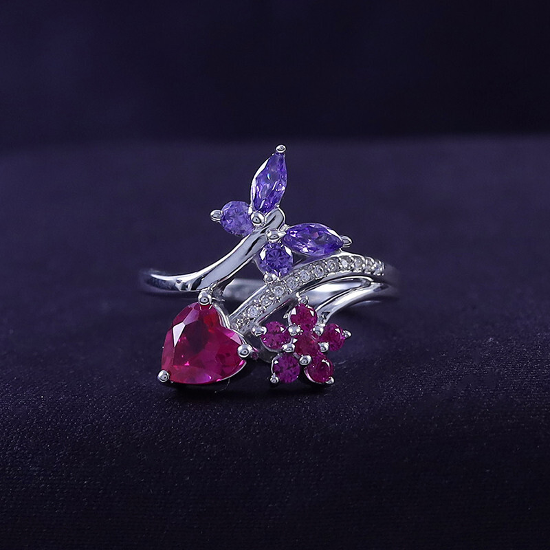 Butterfly & Flower Heart Promise Ring Multi-Gemstone 925 Sterling Silver