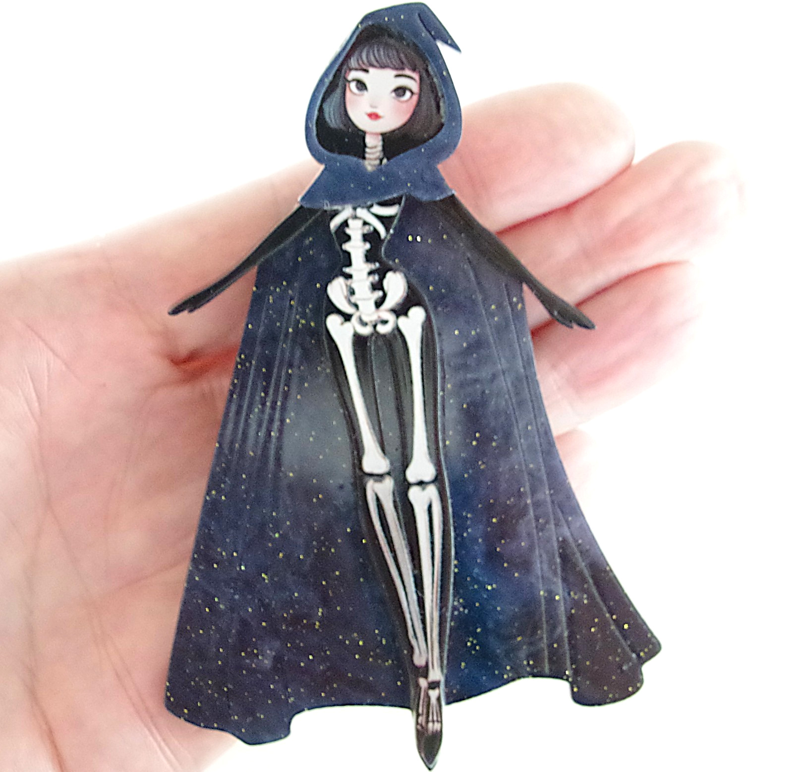 3.75″ NEW SKELETON ZOMBIE GOTH GIRL IN CAPE HALLOWEEN LAYERED ACRYLIC BROOCH PIN