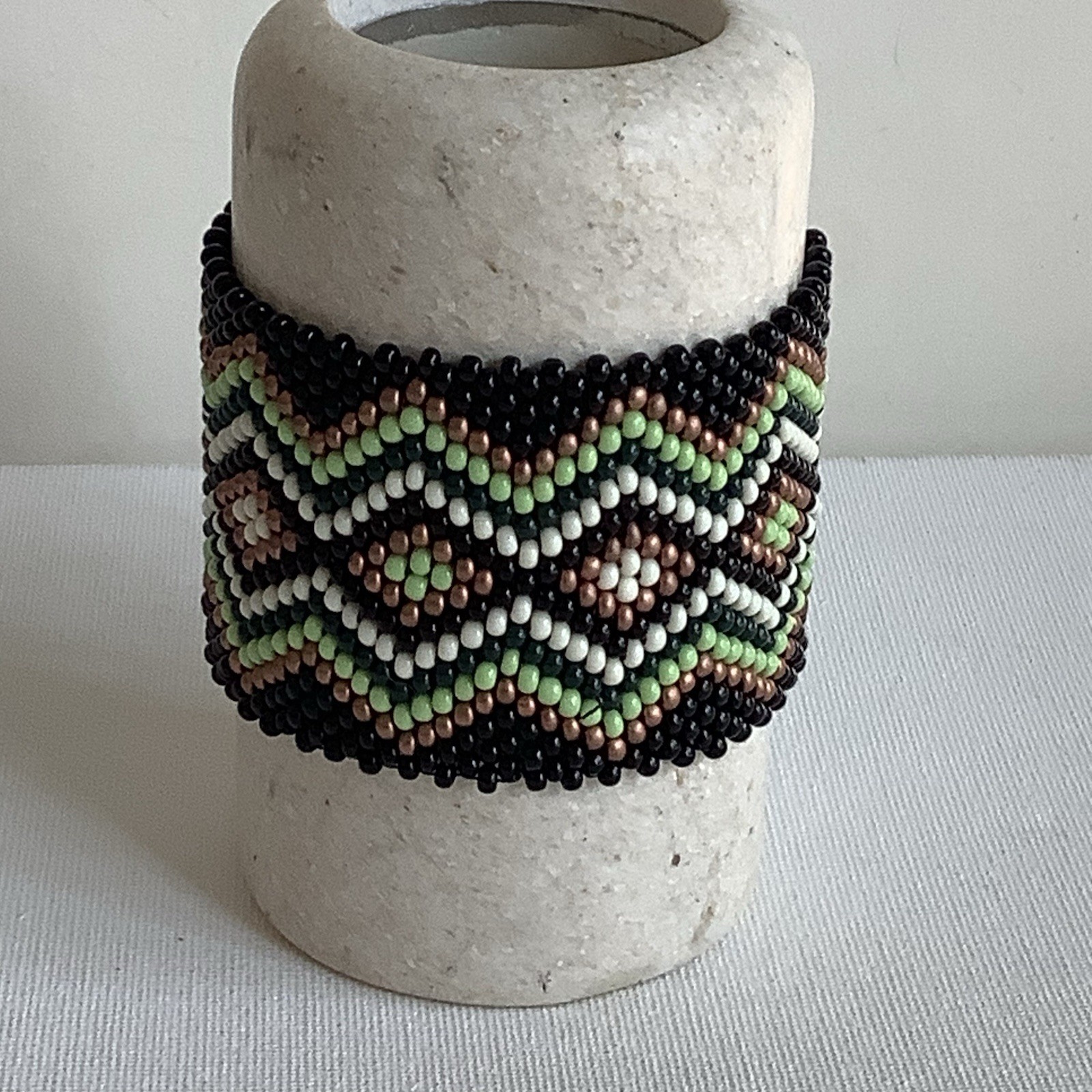 Handmade Beadweaving Bracelet in black, copper, lime green, dark green, cream