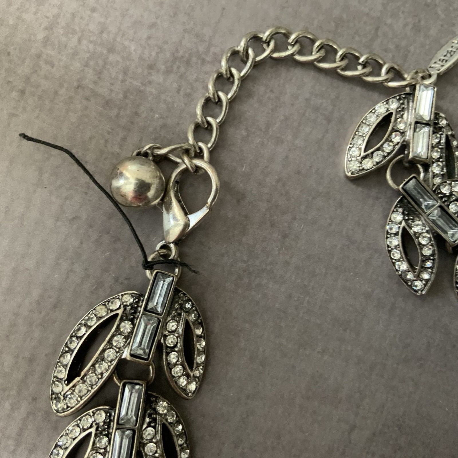 Natasha Feather Rhinestone Statement Necklace Antique Silver Tone 18″ Signed