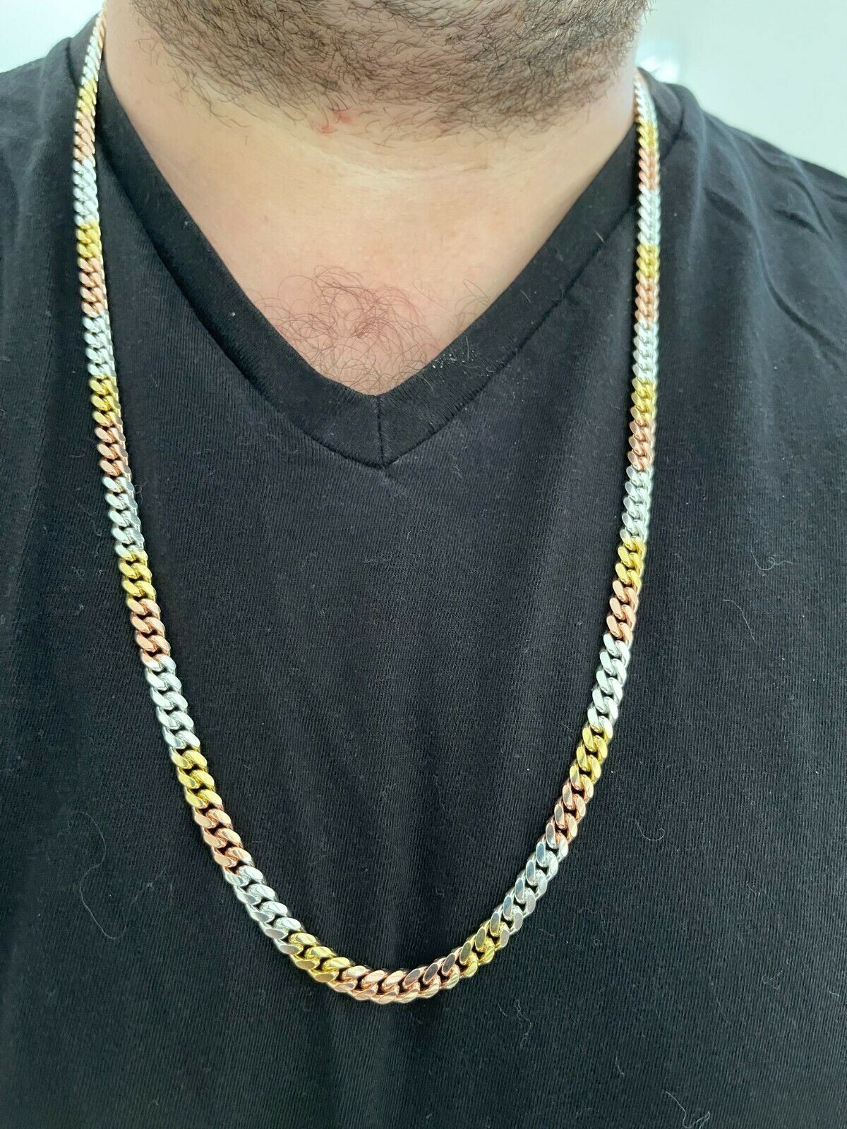 Tri Color Solid 925 Silver Rose & 14k Gold Plated Miami Cuban Necklace Bracelet