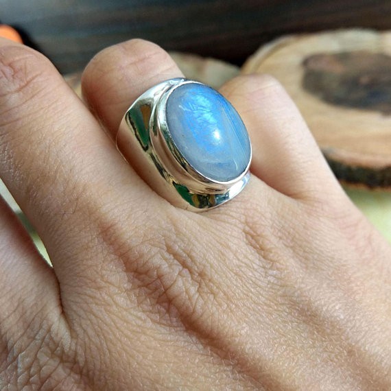 Solid 925 Sterling Silver Natural Rainbow Moonstone Gemstone Men’s Unisex Ring