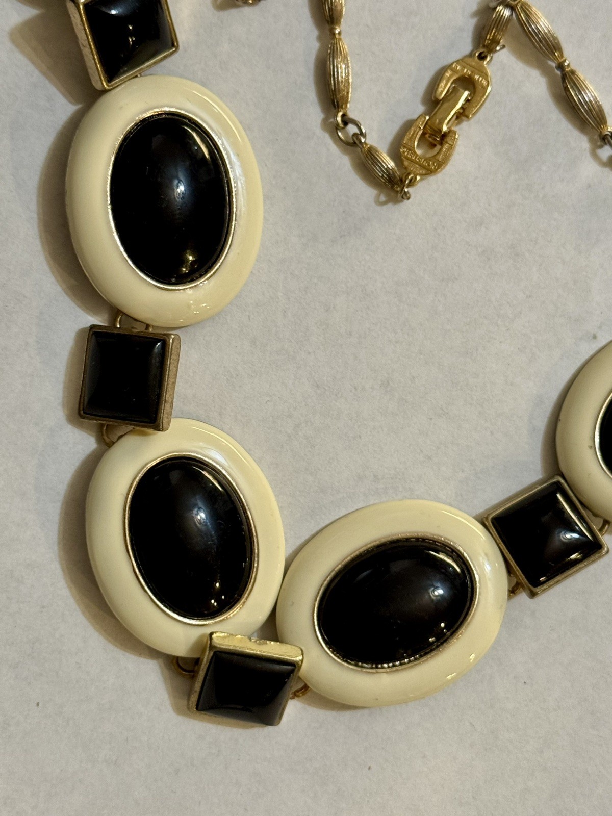 Vintage Richelieu Black & Ivory Enamel Necklace & Monet Clip On Earrings Set
