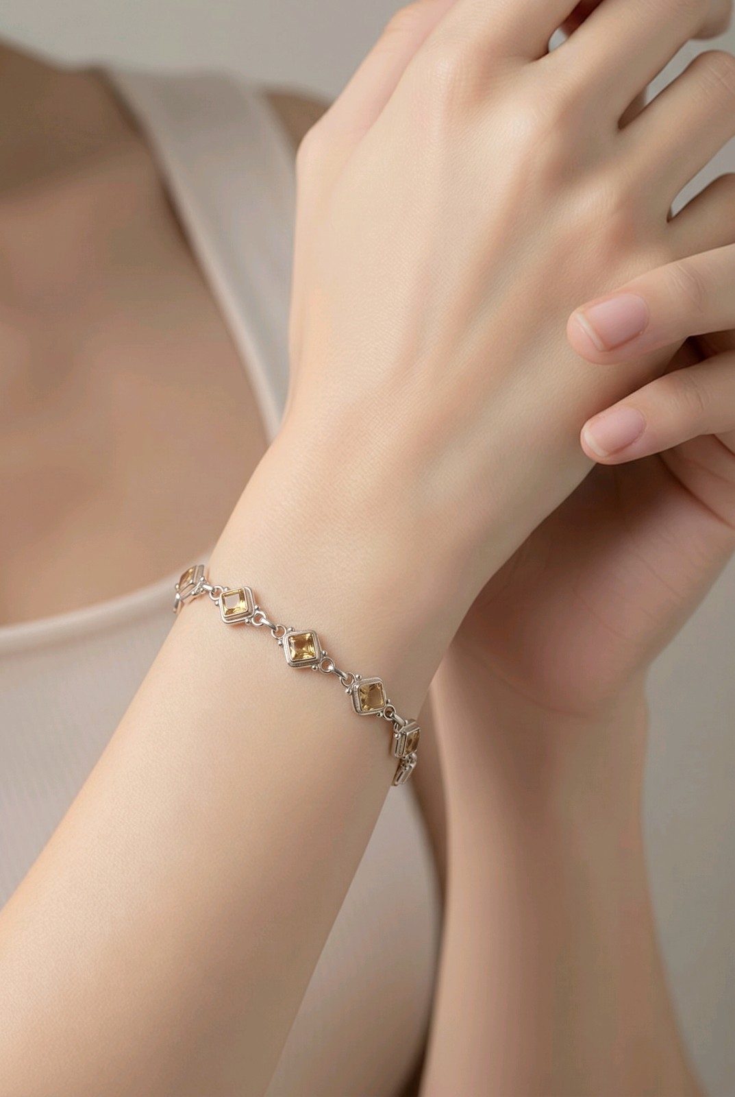 925 Sterling Silver Citrine Link Bracelet Geometric Square Princess Cut 8.25in