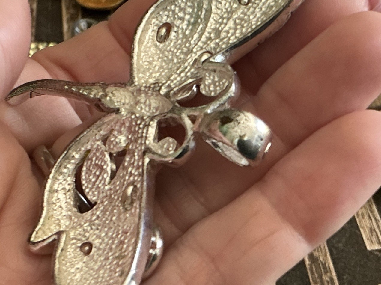 Large Colorful Enamel Dragonfly Pendant Rhinestone Silver Tone 3” 0.8 oz