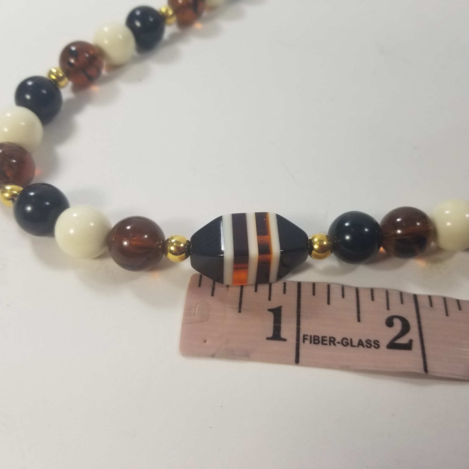 Vintage Brown Black White Gold Tone Spacers beaded Long Necklace