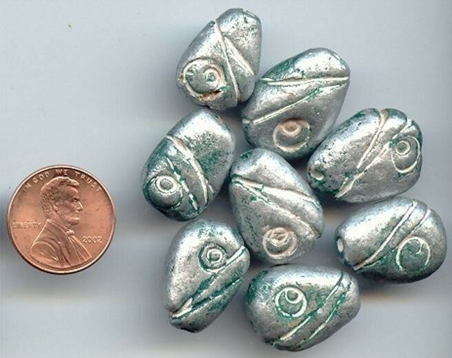 50 VINTAGE HANDMADE CLAY GREEN SILVER WHITE TRIBAL 16x23mm. TEARDROP BEADS 890A