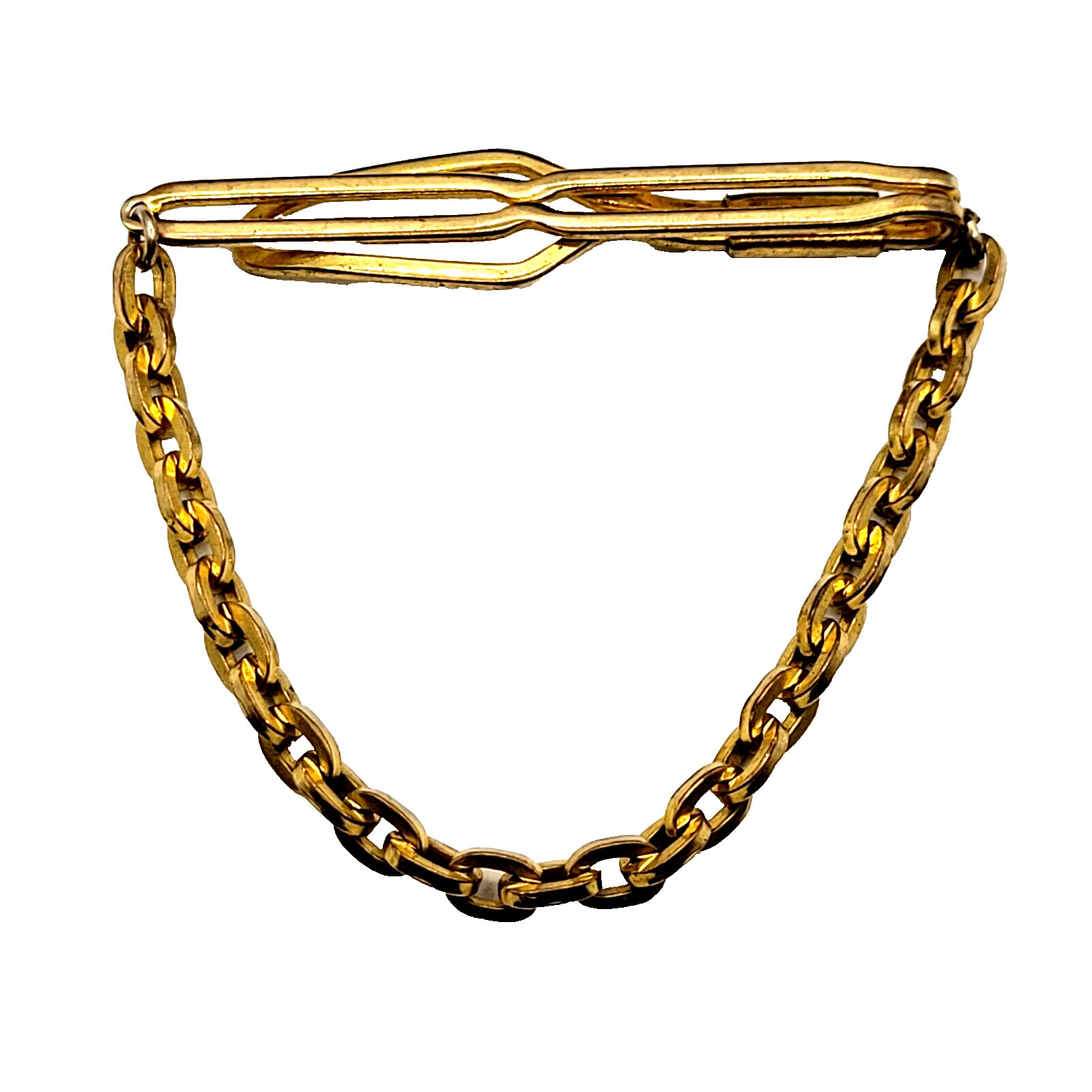Fancy Dress Formal Vintage Gold Tone Brass Plate Tie Bar Clasp Cable Chain 1930s