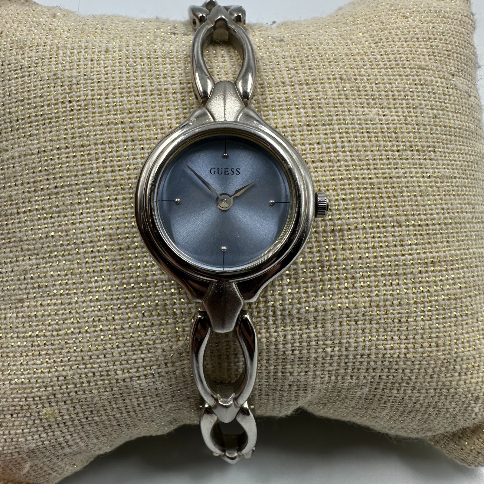 Guess Watch Women Silver Tone Small Blue Dial 19MM New Battery 7.25 Inch