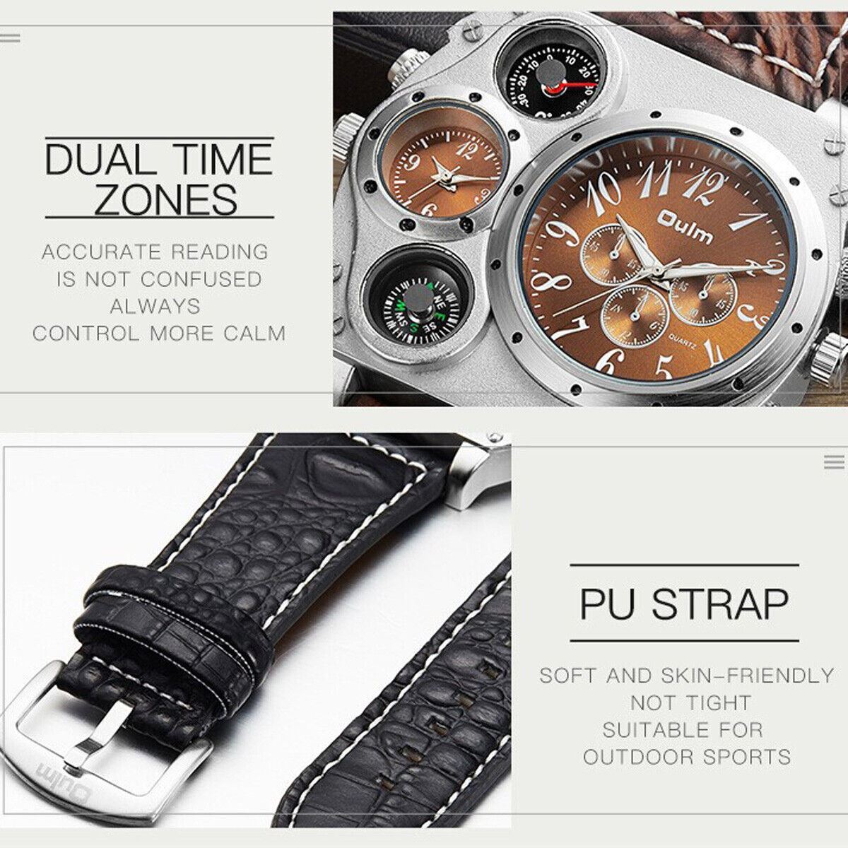Two Time Zones Men Army Sports Fashion Big Dial Leather Strap Quartz Wrist Watch