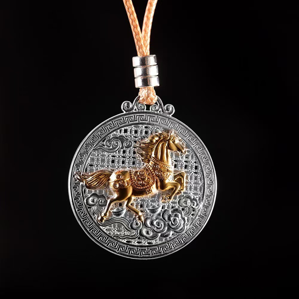Pure S999 Fine Silver Men Women Enamel Circle Horse Pendant 13-14g 33*30mm