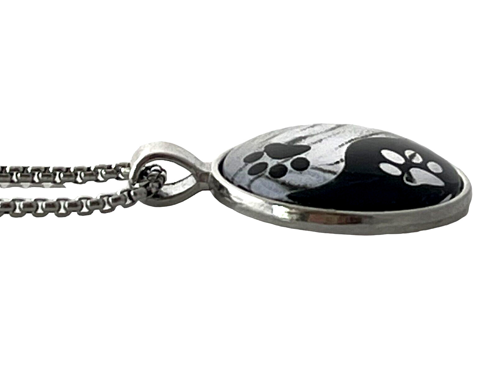 Yin Yang Paw Prints Necklace Glass Cabochon Stainless Steel 24 Inch Link Chain