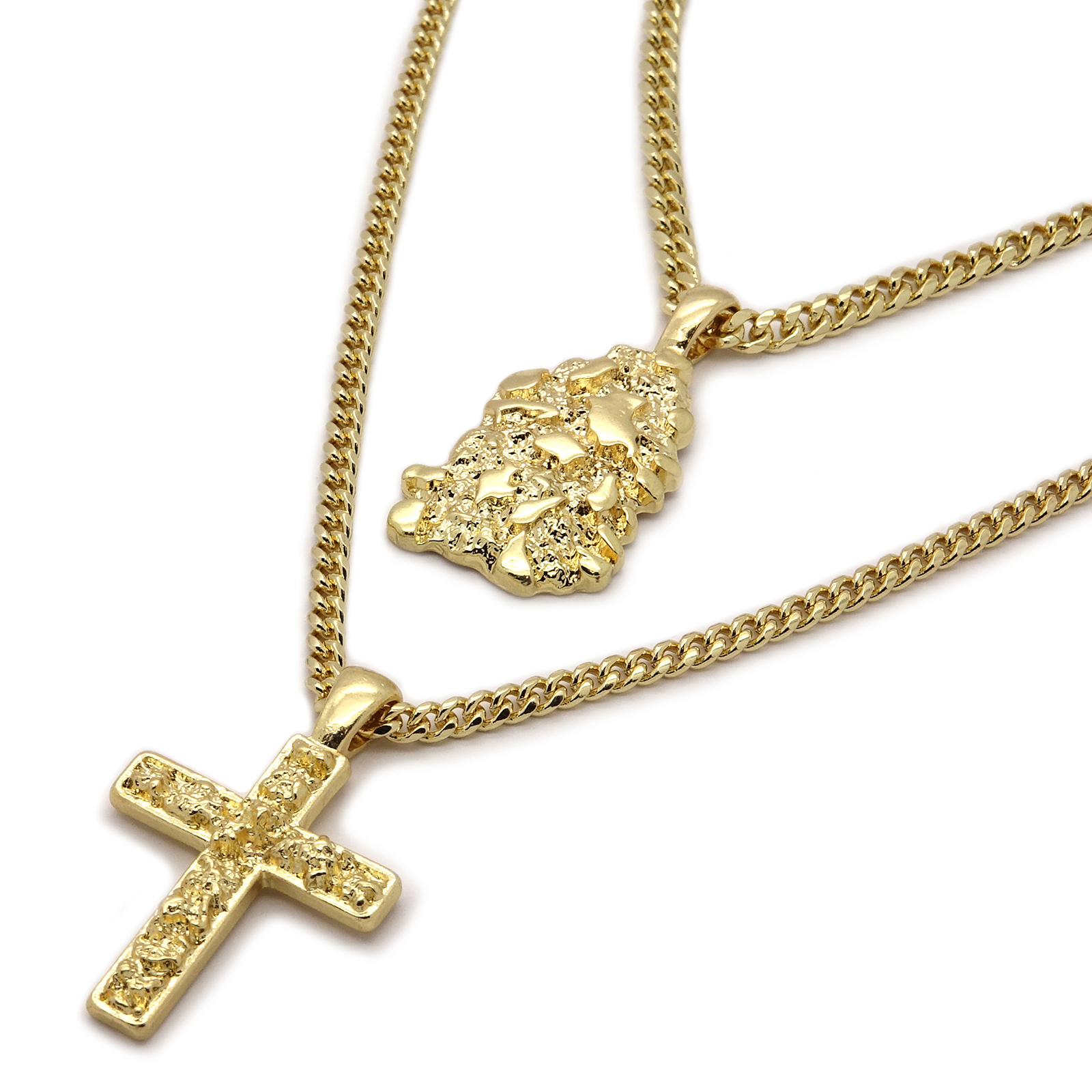 Men’s 14k Gold Plated High Fashion 2 pc Nugget & Cross 3mm 30″ & 24″ Cuban Chain