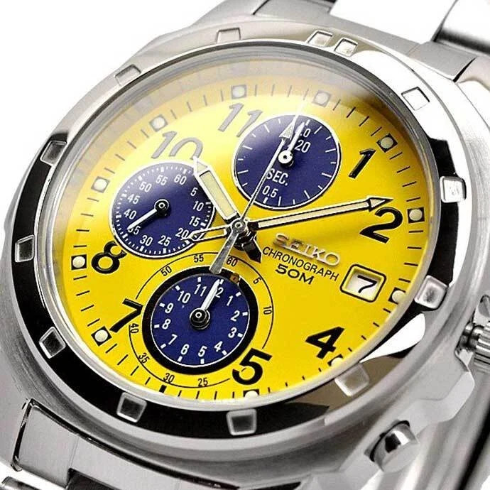 SEIKO SND409 Chronograph Yellow x Navy Stainless Steel Quartz Watch 38mm
