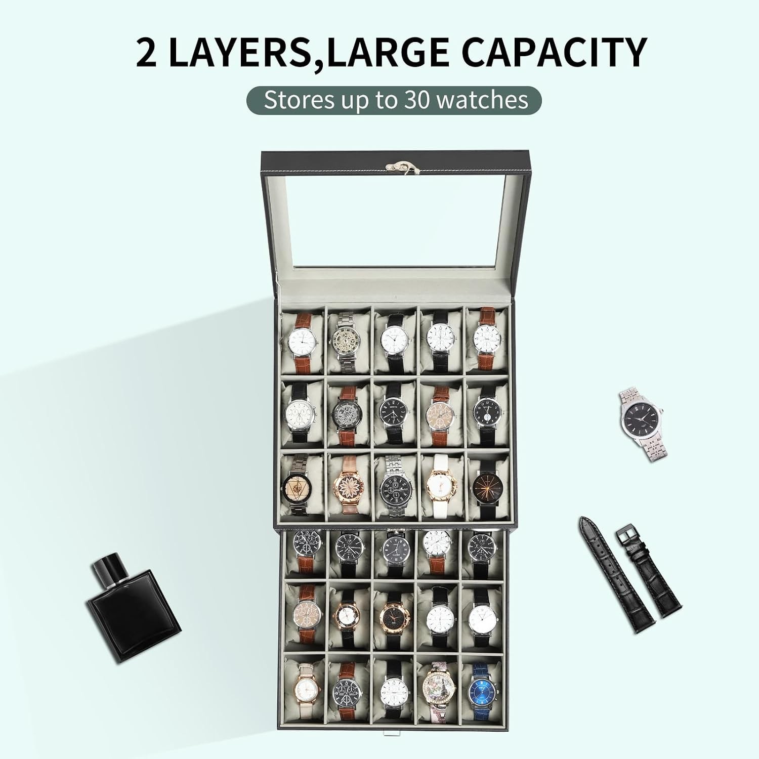 Watch Box Organizer with Glass Top & Lockable Drawer,2 Layers Holds 30 Watches