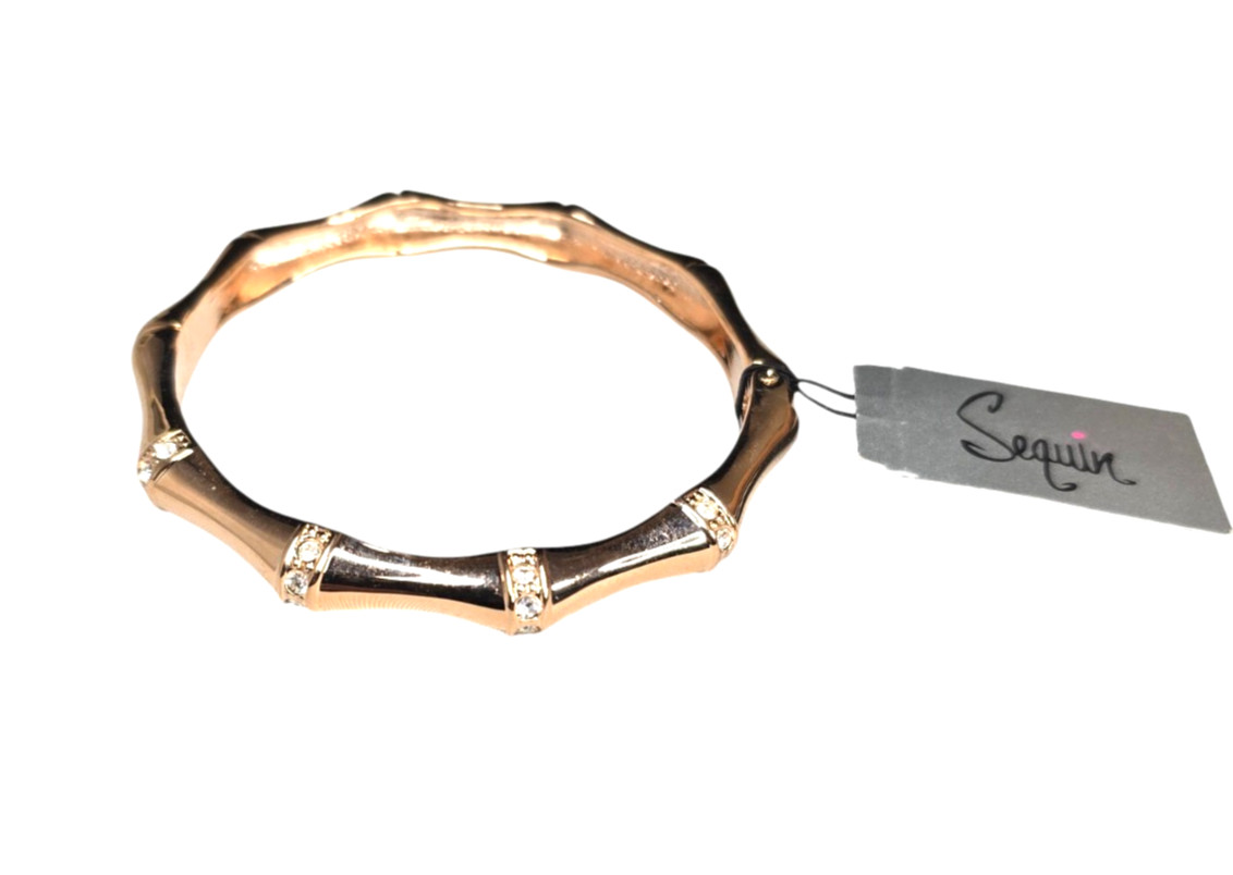 Sequin Women’s Thin Rose Gold Plated Bamboo Style Rhinestone Hinged Bracelet NWT