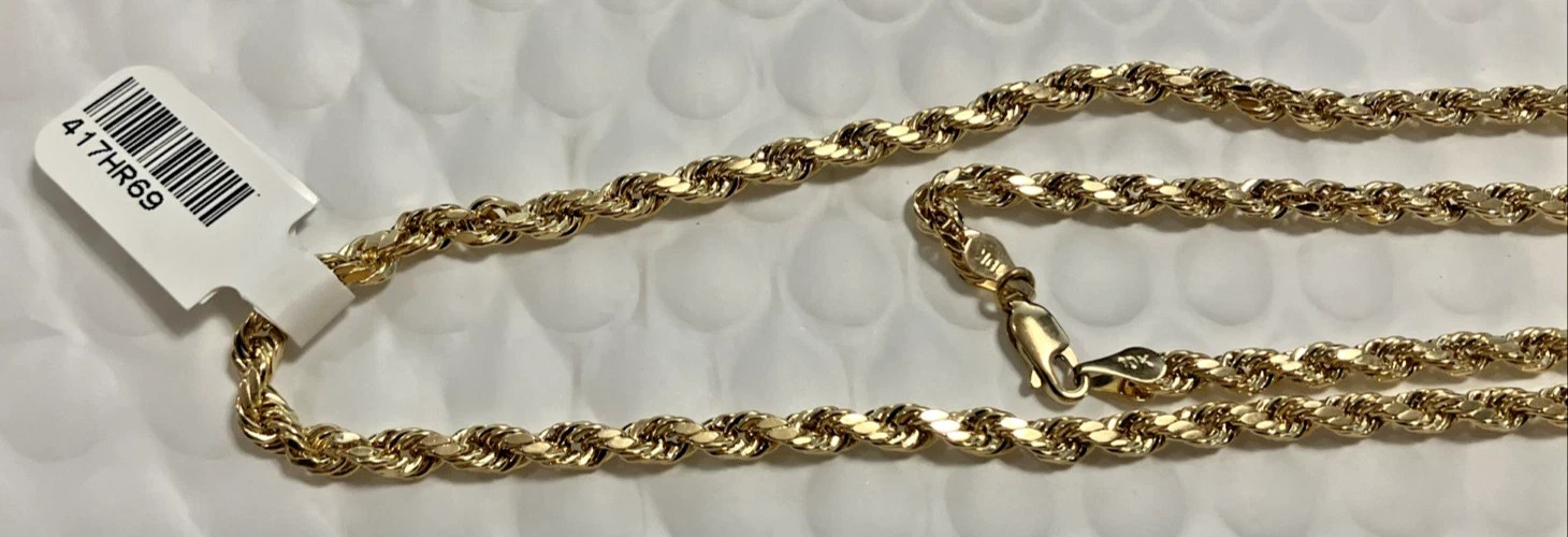 10kt Real Gold SemiSolid/Hollow Rope Necklace 6.9grams 4mm 24″ GND Brand NWT 10K