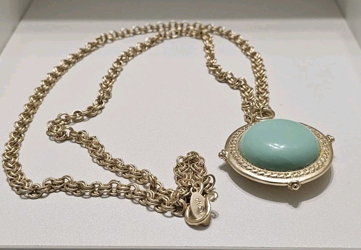 Chico’s Reversible Faux Turquoise Gold Tone Turtle Medallion Necklace Boho Coin