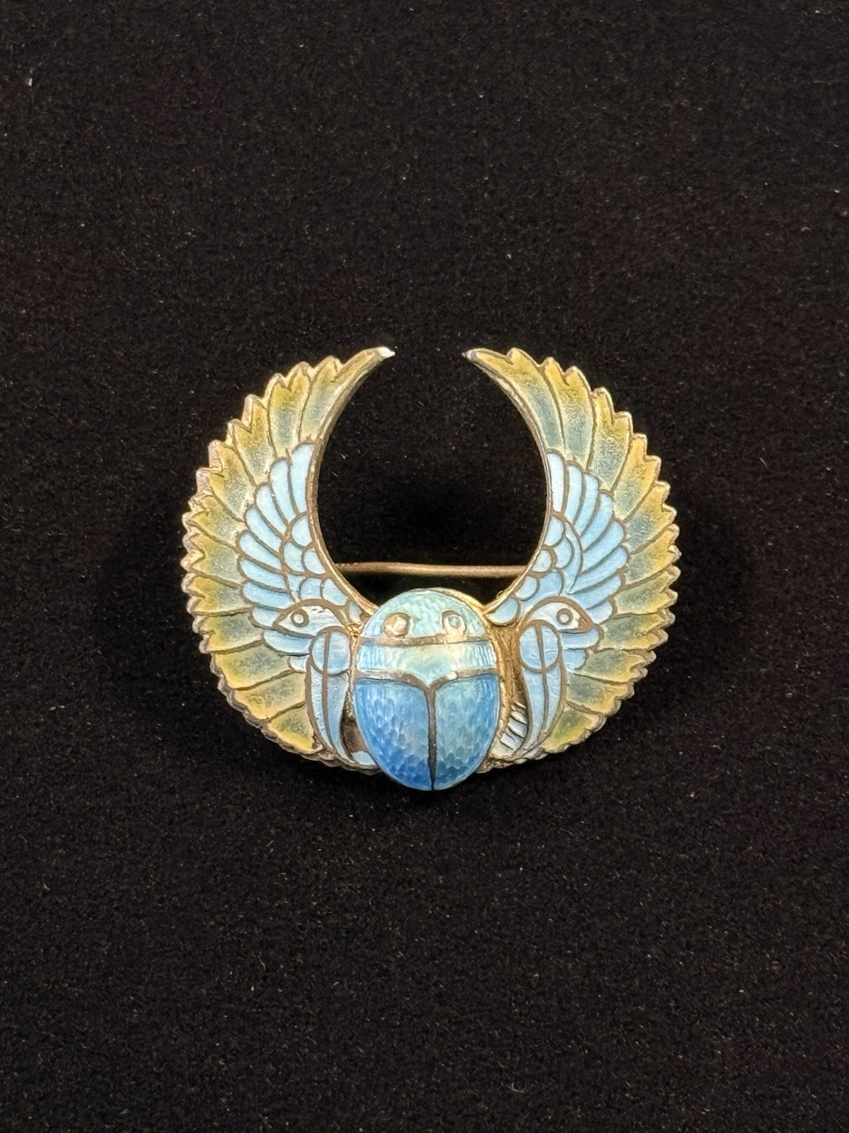 Antique Winged Scarab 800 Silver Brooch Pin Egyptian Revival Plique A Jour #885