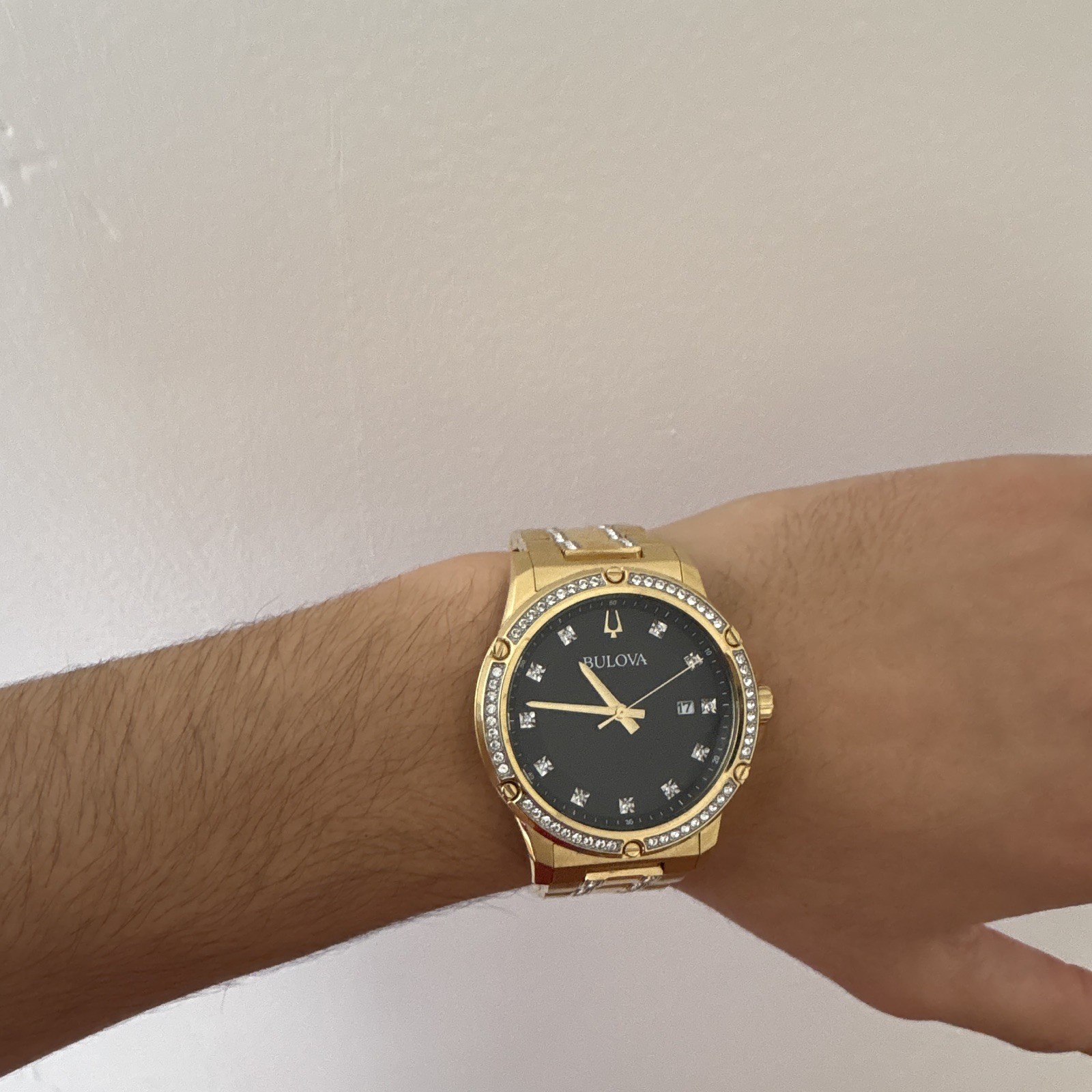 Bulova Men’s Gold Tone Quartz Watch Black Dial Diamond Bezel Date Bracelet