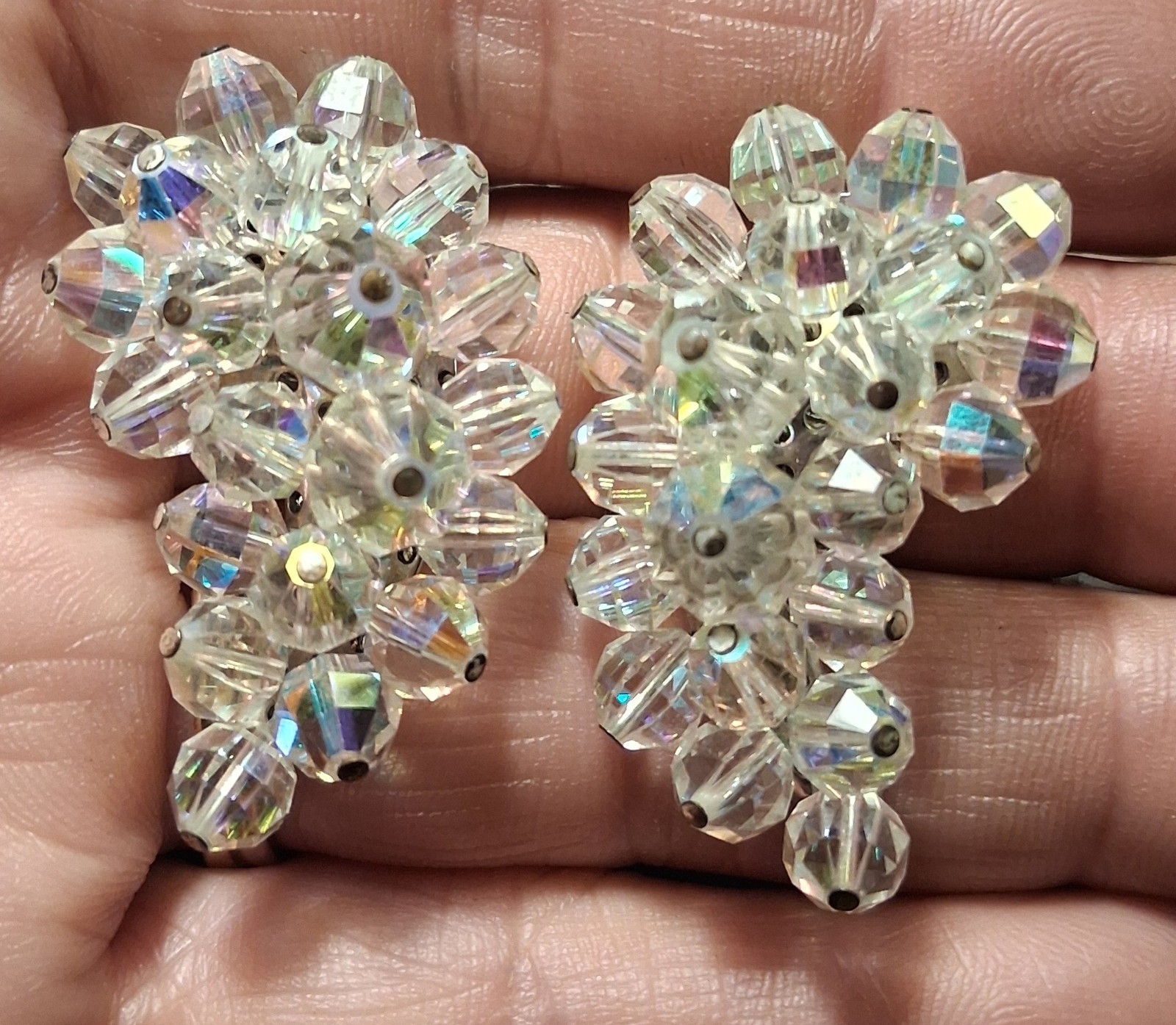 Vtg Crystal LAGUNA Clip Earring Cluster Aurora Borealis Bead Crescent Silvertone