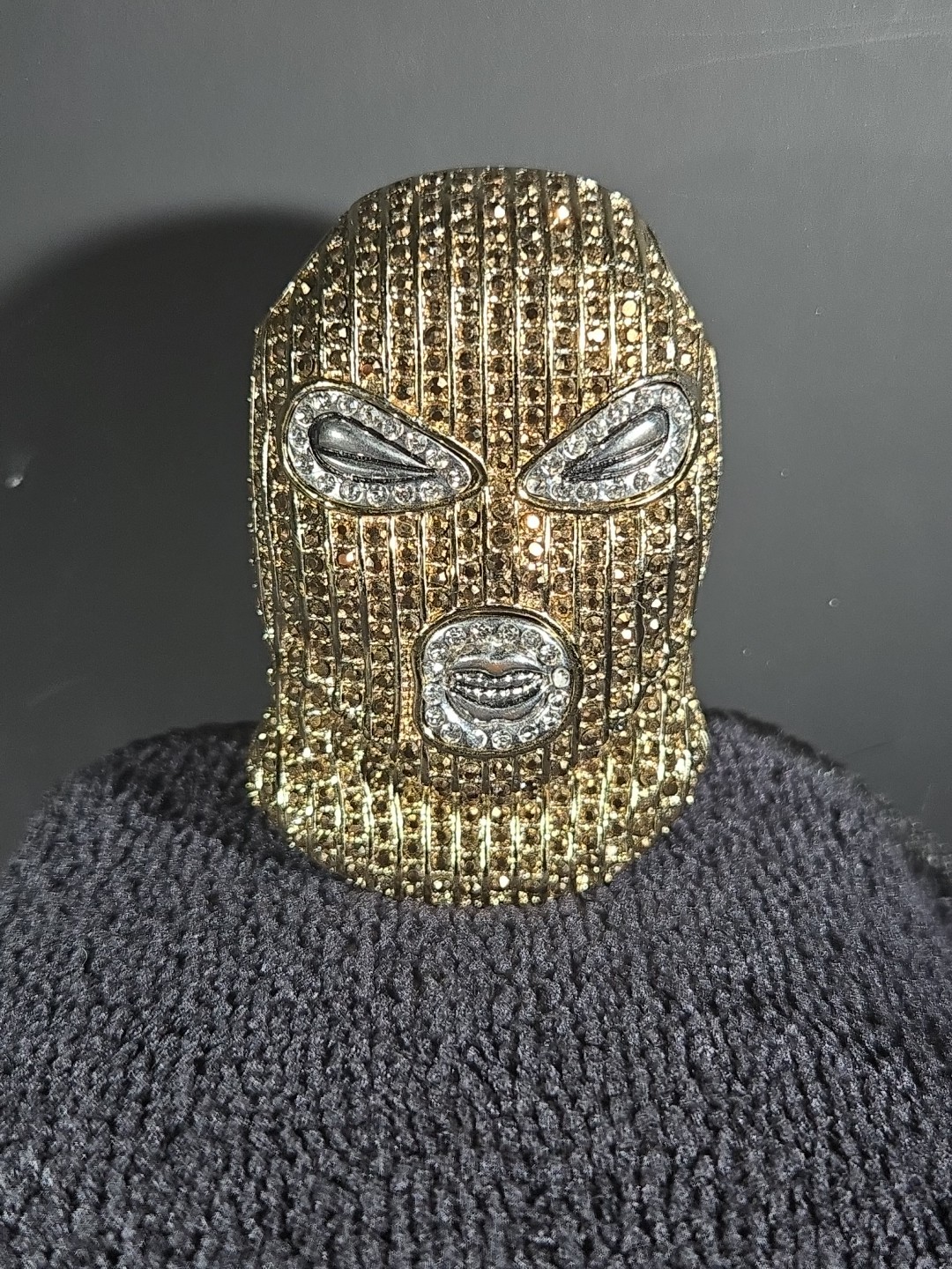 “Goon” Gold-tone Ski Mask Pendant w/rhinestone details