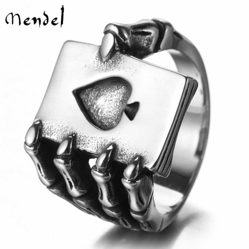 MENDEL Mens Skull Claw Lucky Casino Poker Ring Jewelry Stainless Steel Size 7-15