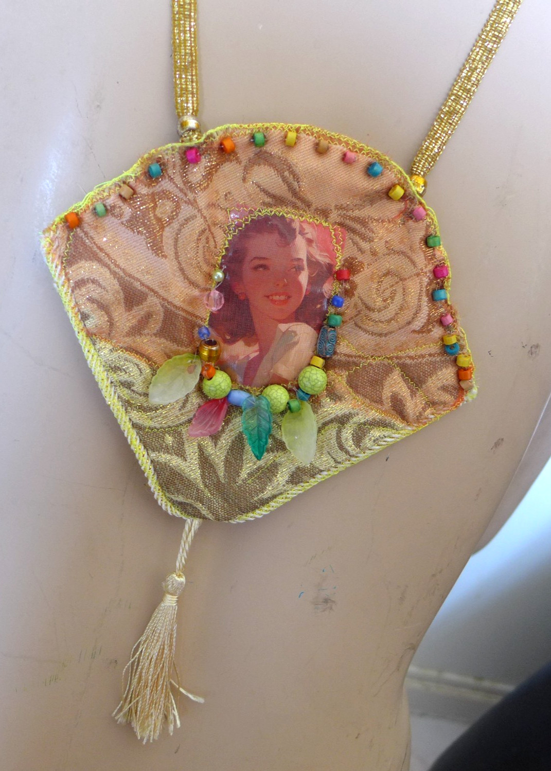 Handmade Crocheted art Necklace Cotton Fabrics embroidered crocheted+ Beads
