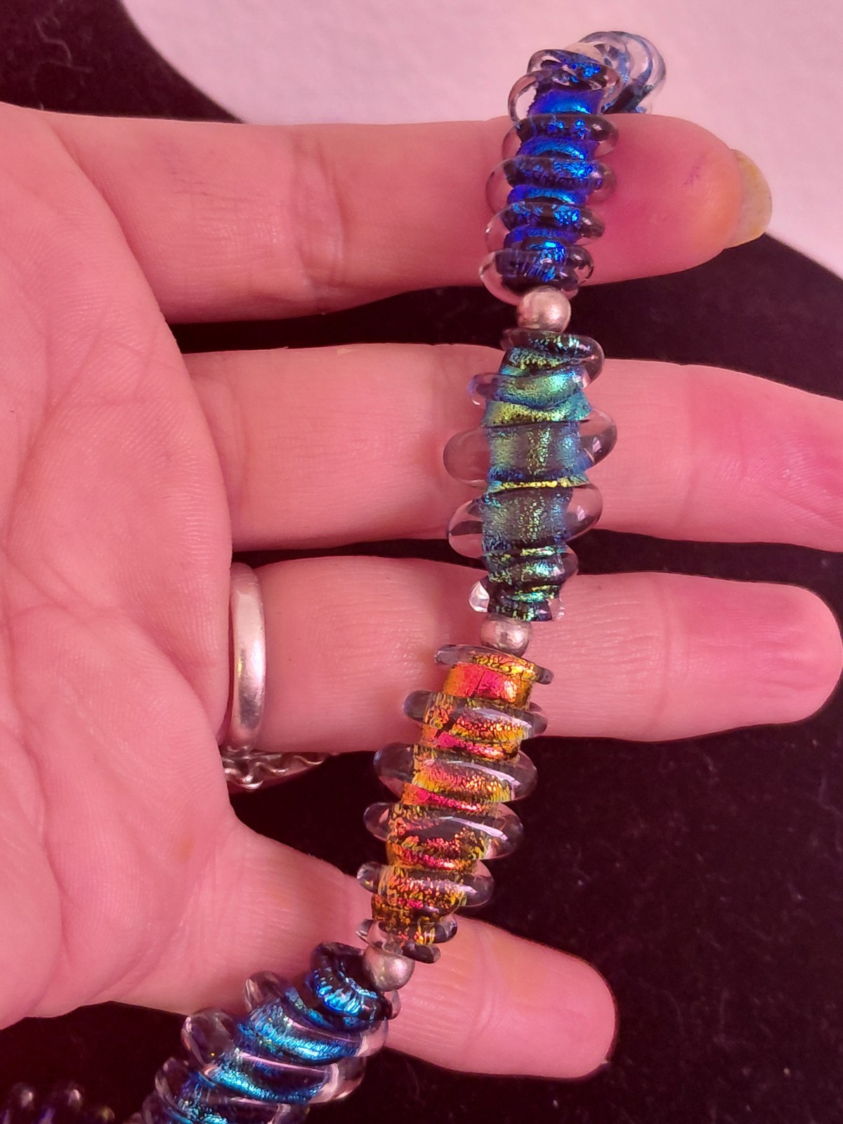 RARE: 1970 HANDMADE DICHROIC GLASS Disk Necklace-Heavy Solid Sterling Hardware