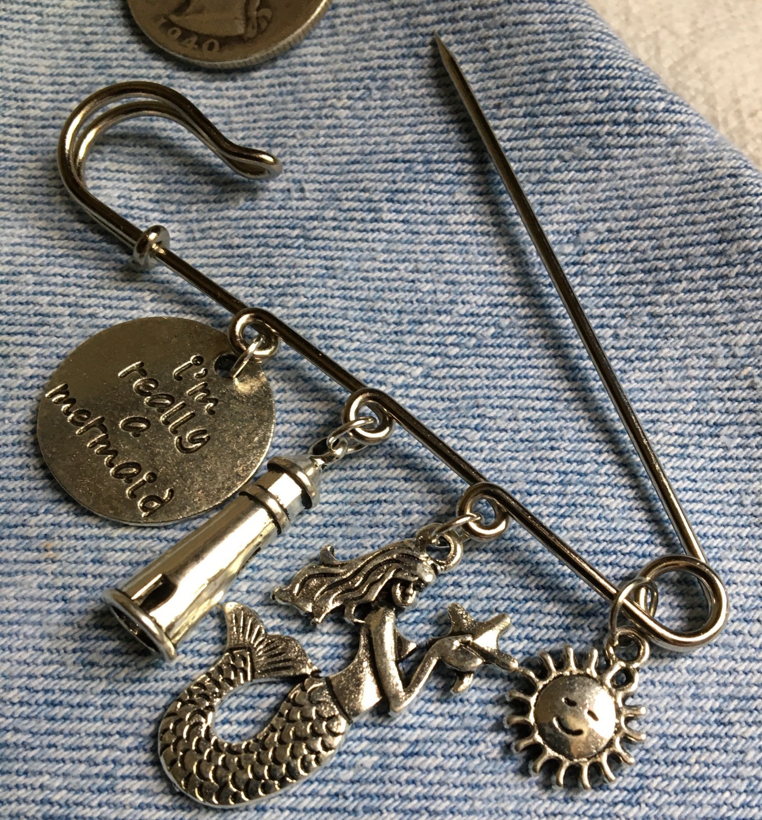 3″ BIG SAFETY PIN w/ BEACH THEME CHARMS – Hanging Lighthouse Mermaid ++