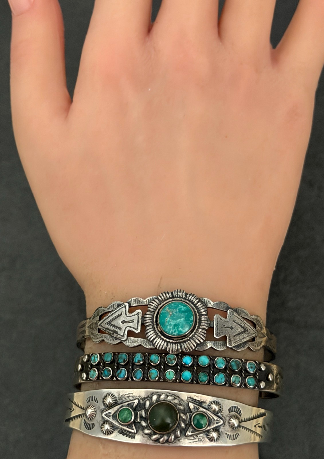 Vintage FRED HARVEY era Navajo ARROW HEAD Turquoise Sterling Bracelet 6.75in