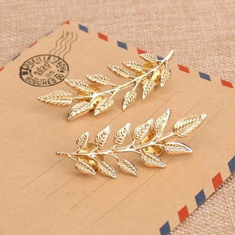 Gentlemen Gold Silver Leaf Brooches Simple Elegant Retro Double Leaf Collar Pin