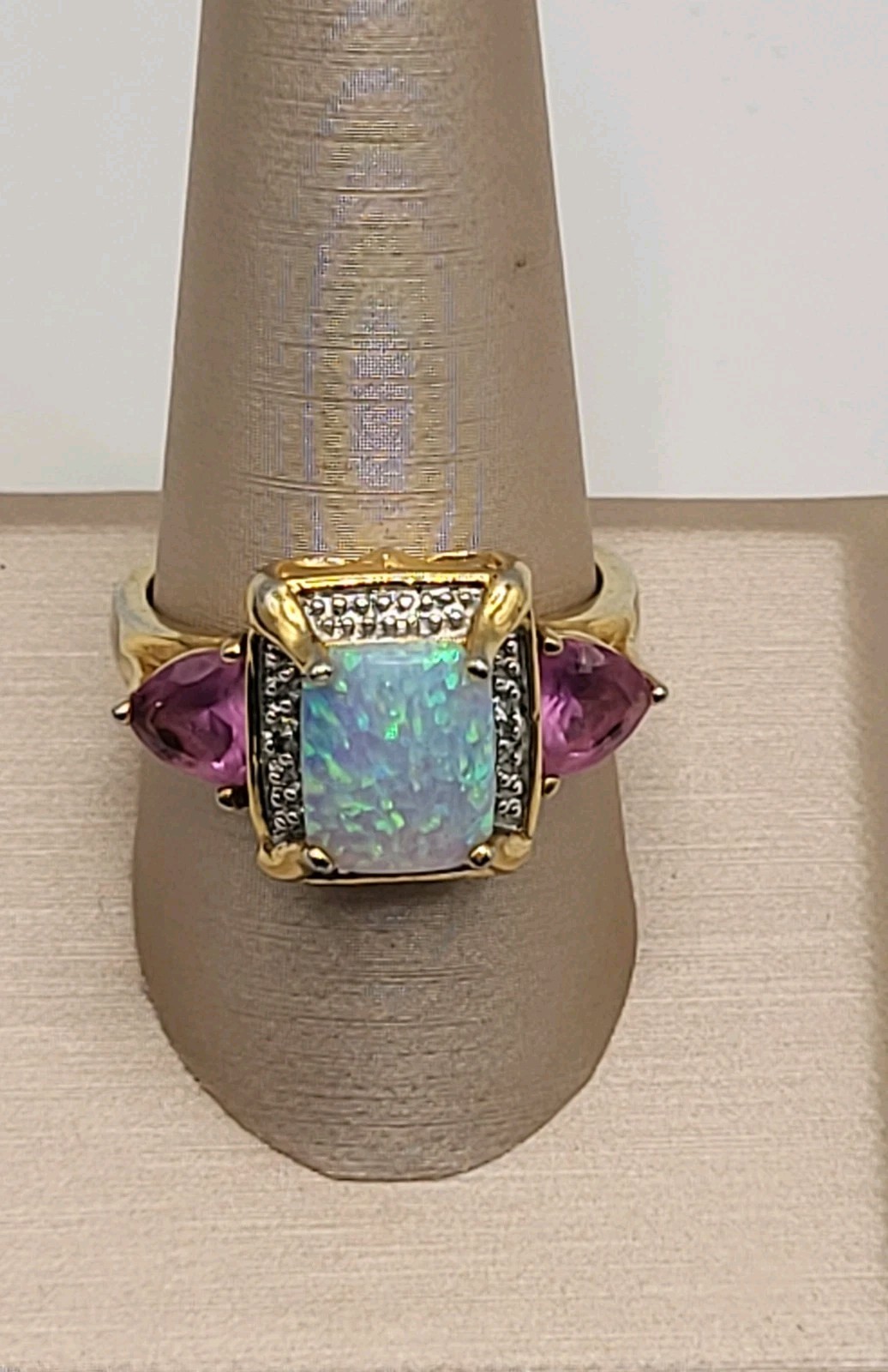 Fire Opal Pink Sapphire Lab Created Stones Sterling Vermeil Cocktail Halo Ring