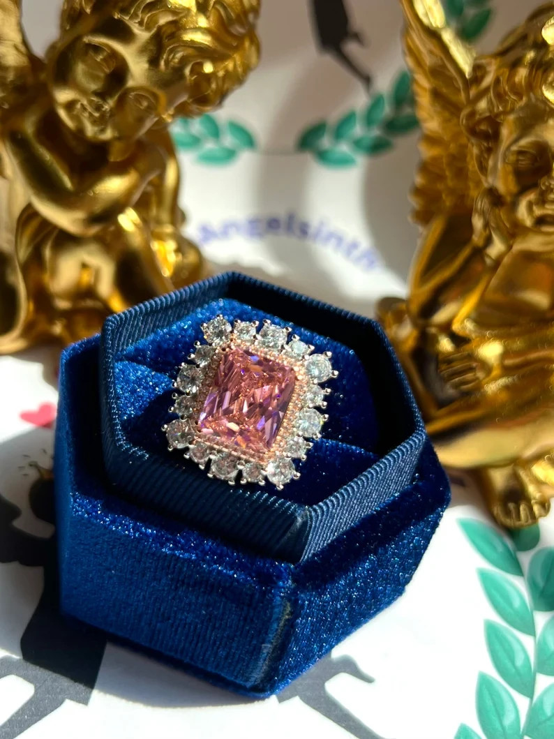 4.90Ct Cushion Cut Natural Pink Sapphire & Diamond 14K White Gold Wedding Ring