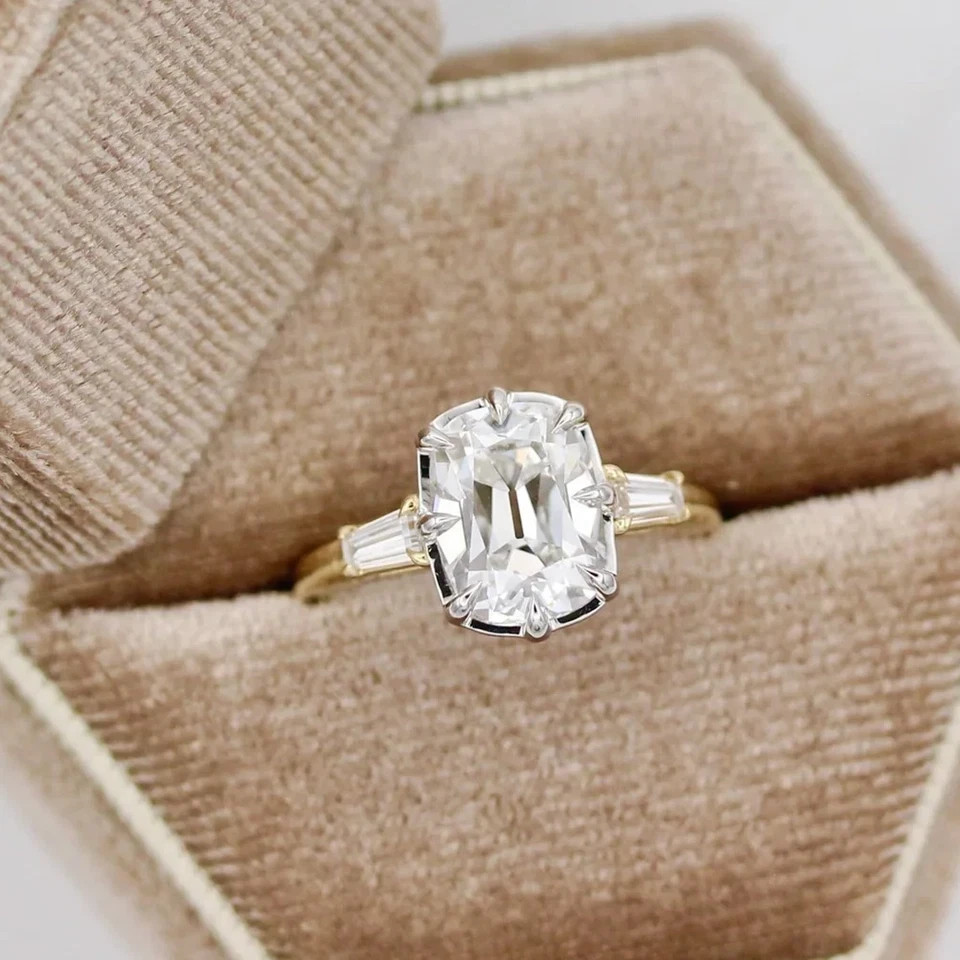 Georgian Elongated Cushion Moissanite Engagement Ring 14K Multi-Tone Gold Plated