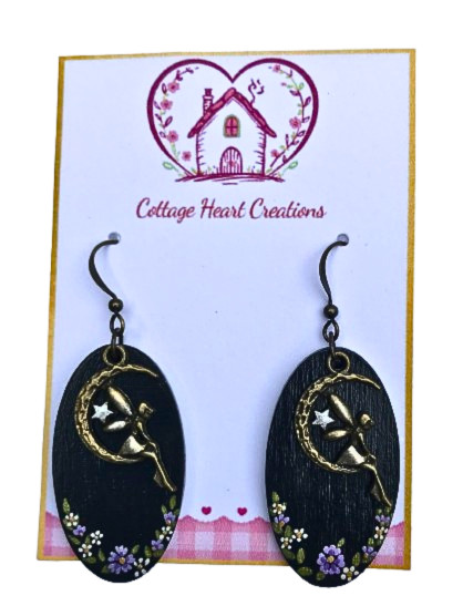 Artisan Hand Painted Black Moonlit Fairy Garden Wood Dangle Earrings Fairycore
