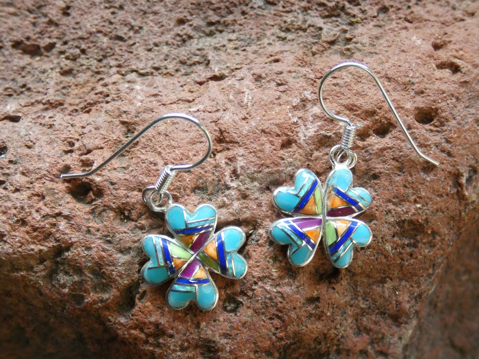 Love Luck Clover Southwestern Sterling Silver Multi Gemstone Opal Earrings AA92