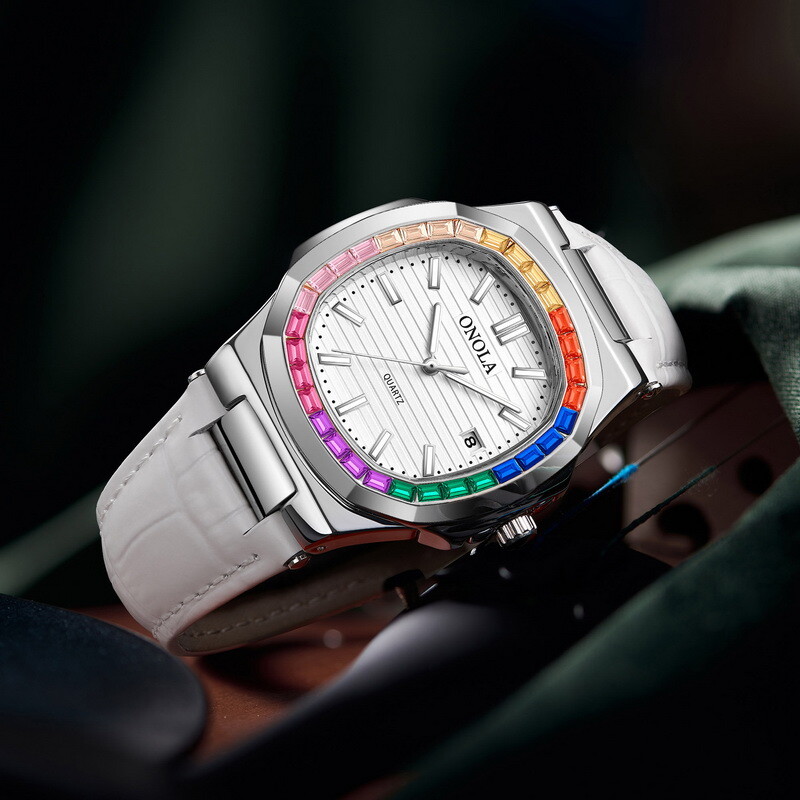 ONOLA Rainbow Leather Casual Business Calendar Waterproof Luminous Quartz Watch