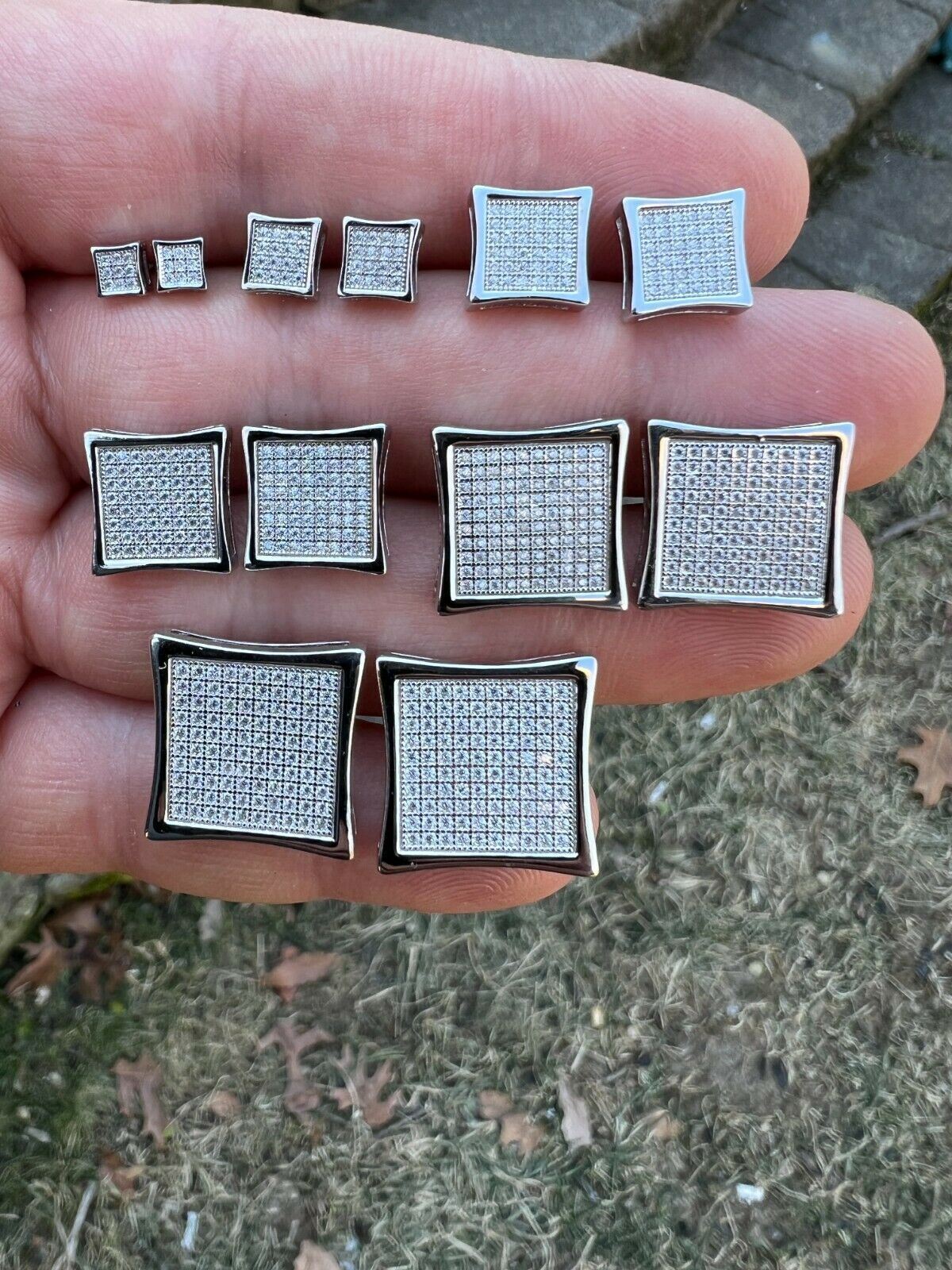 Real 925 Silver Iced CZ Screwback Square Kite Earrings 4mm-18mm Mens Ladies