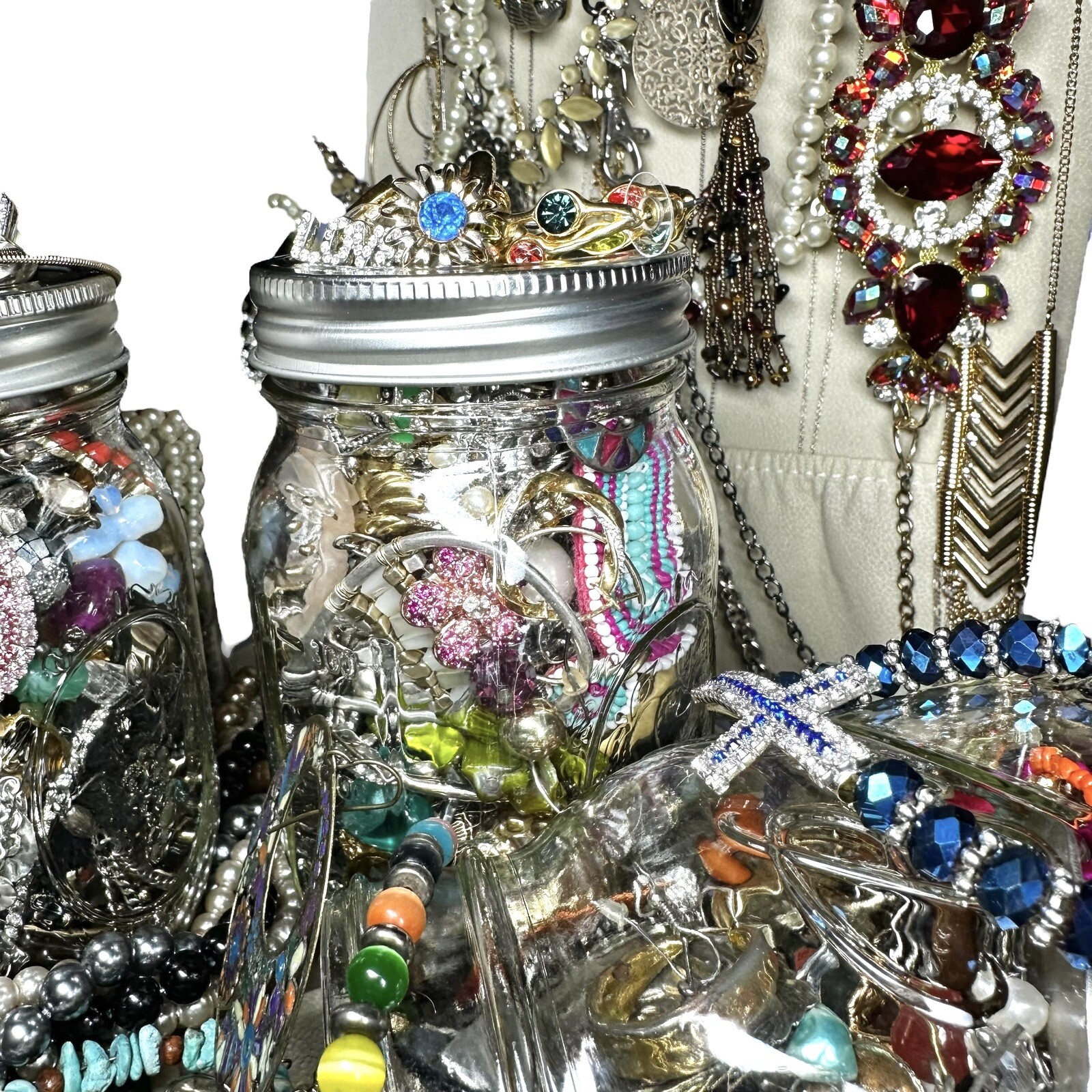 1+Lb Full (1) Ball Mason Jar Mystery Lot All Wearable Jewelry GUC Necklaces Etc.