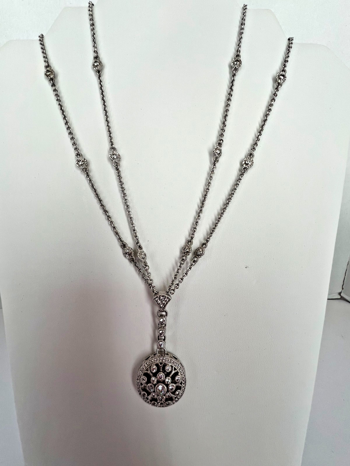 Judith Ripka Sterling Silver Diamonique Round Pendant with 36″ Station Necklace
