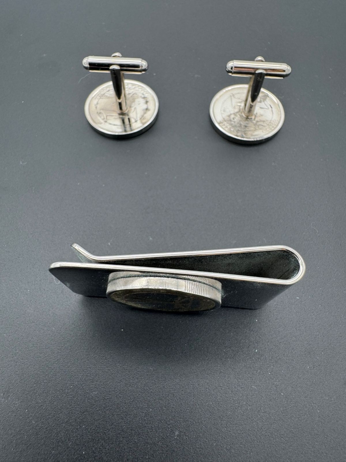 Italian Cufflinks and Money Clip Set Davinci Vitruvian Man Gold and Silver coins