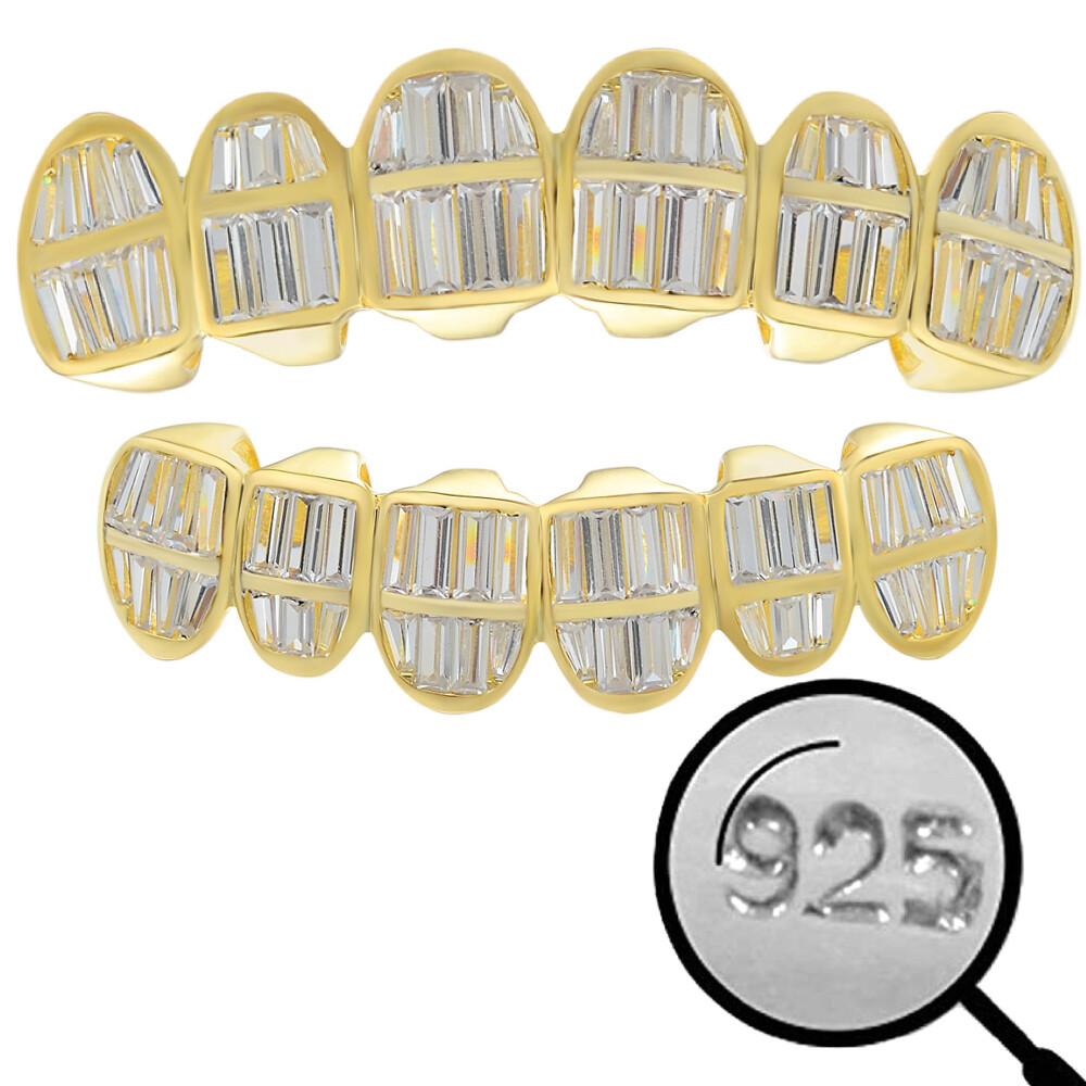 Real 925 Silver 14k Gold Plated ICED Baguette CZ GRILLZ Teeth Fronts Grills